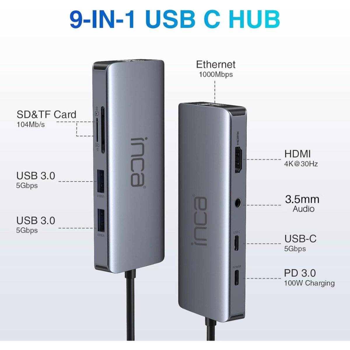 9-IN-1 USB C HUB' mit Anschlüssen für SD/TF-Karte (104 MB/s), USB 3.0 (5 Gbit/s), Ethernet (1000 Mbit/s), HDMI (4K@30Hz), 3,5-mm-Audioausgang, USB-C und PD 3.0 (100 W Ladeleistung).