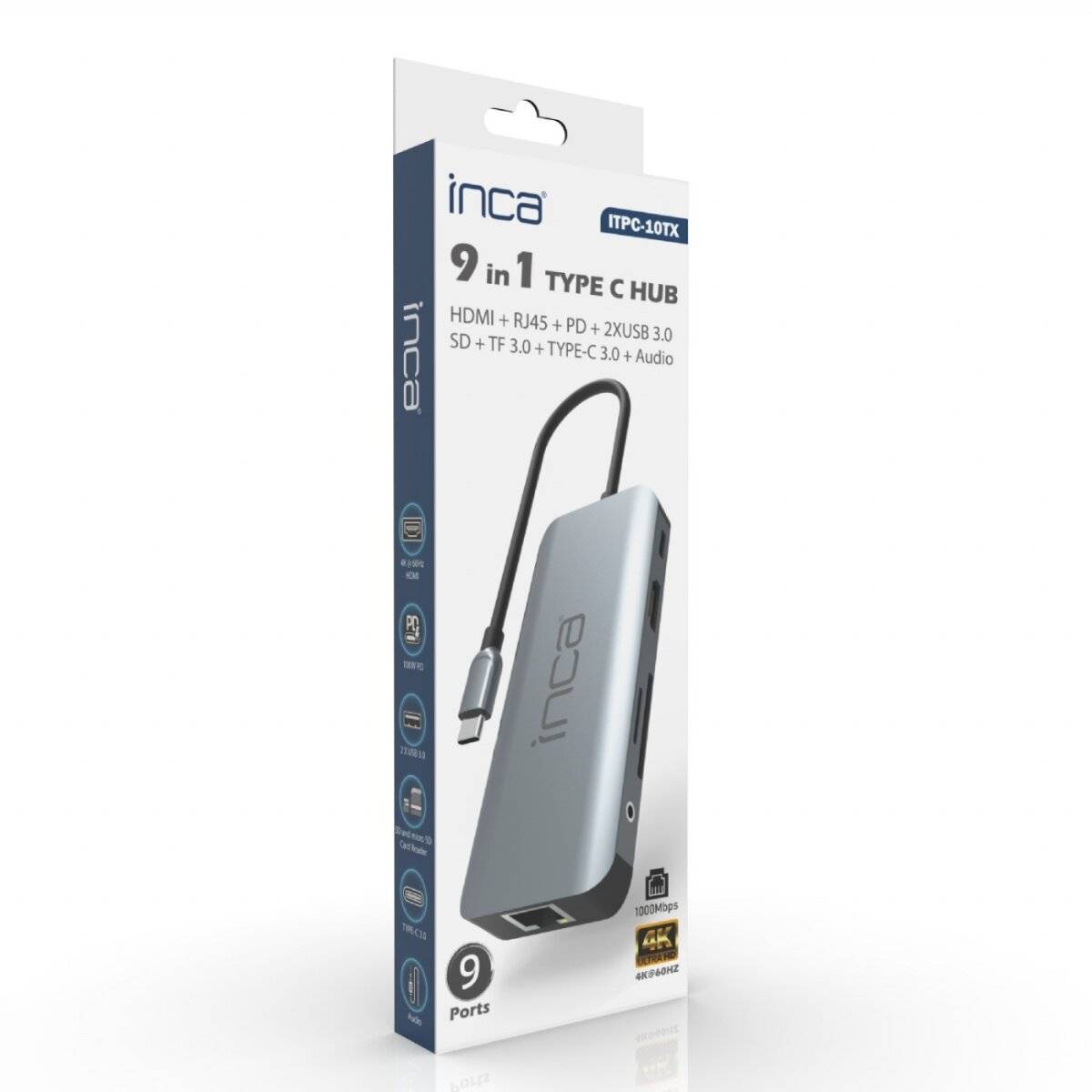 "Inca 9 in 1 Type C Hub" mit Verpackung, die HDMI, RJ45, PD, 2x USB 3.0, SD, TF, USB-C 3.0 und Audio-Anschlüsse zeigt, mit Produktabbildung.