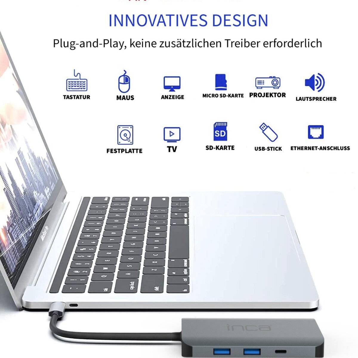 Ein Laptop, der über ein einziges Kabel an eine Dockingstation angeschlossen ist. Text oben liest sich 