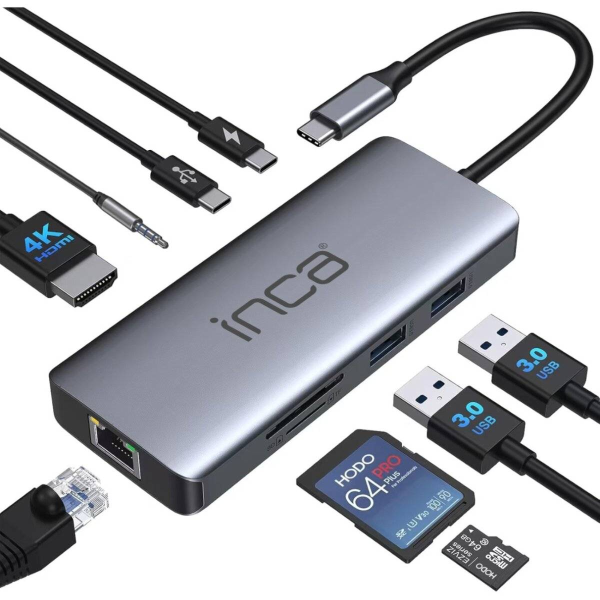 Ein Multi-Port-Hub mit USB-, HDMI-, Ethernet- und SD-Kartensteckplätzen, der Konnektivitätsoptionen und Datenübertragungsfähigkeiten veranschaulicht.