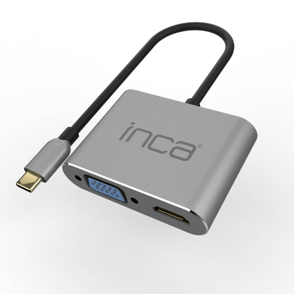 Ein silberner Adapter mit einem VGA- und einem HDMI-Anschluss sowie dem Logo von 'Inca', ausgestattet mit einem USB-C-Anschluss.