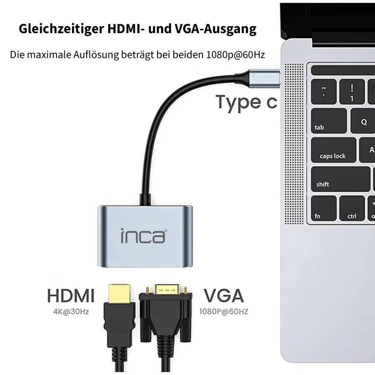 Adapter mit gleichzeitigem HDMI- und VGA-Ausgang, der mit dem USB-C-Anschluss des Laptops verbunden ist. Unterstützt HDMI- und VGA-Ausgänge mit 1080p@60Hz.