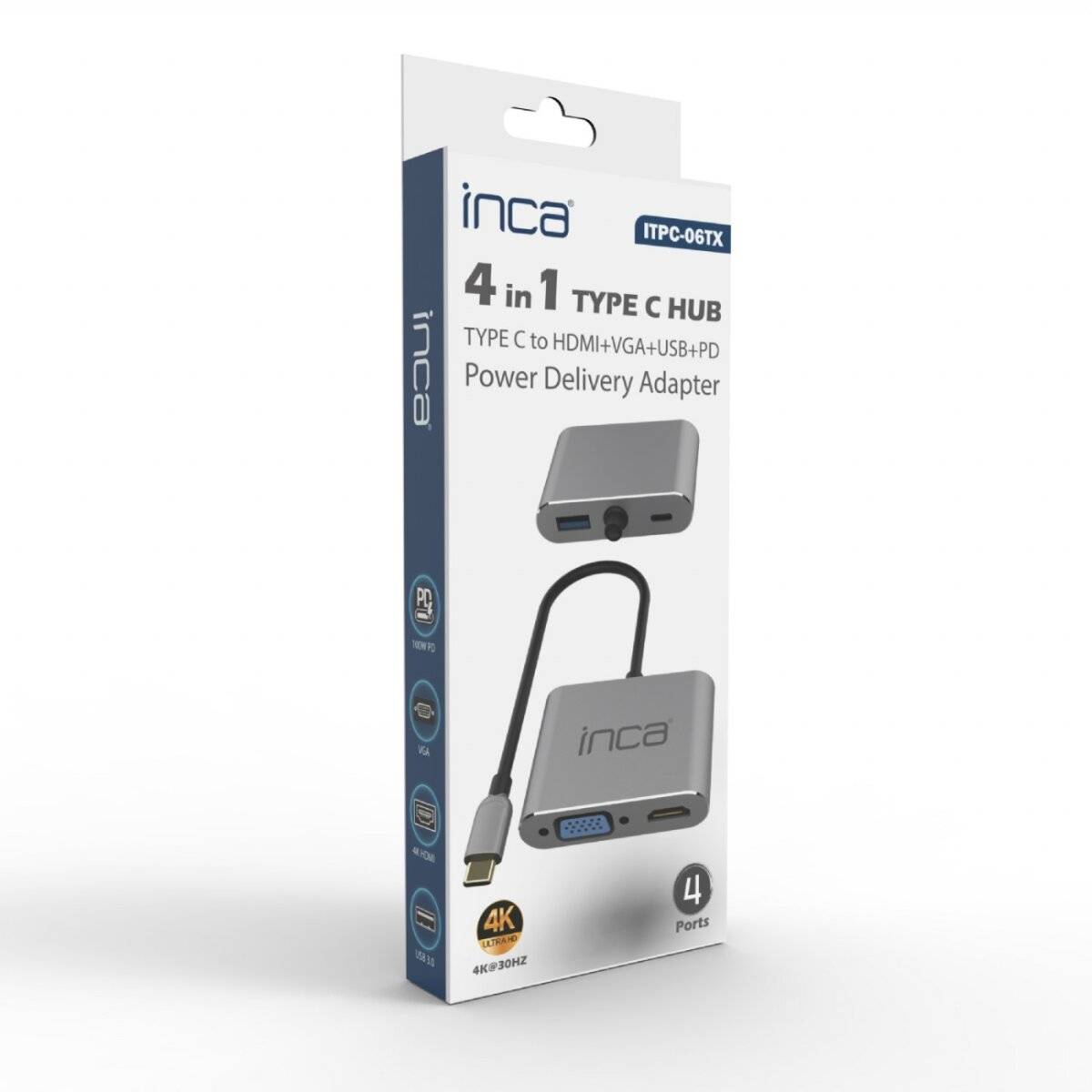 ITPC-06TX USB-C Hub 4-in-1 Aluminium 4K 30 Hz 100 W PD