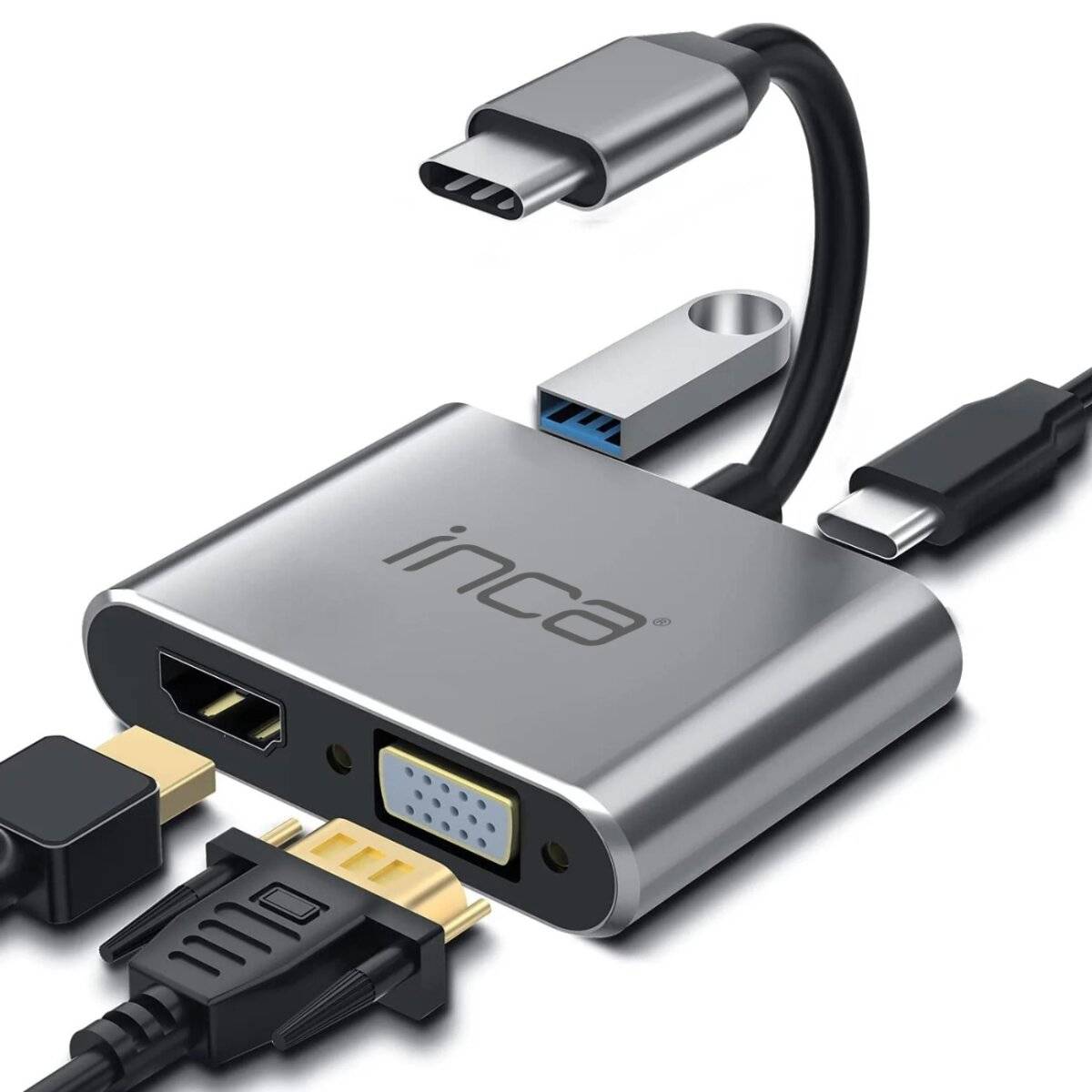 Multi-Port-Adapter mit HDMI, VGA, USB-C und USB-Anschlüssen, Marke 'Inca'. Entwickelt zum Anschluss verschiedener Geräte an einen Computer.