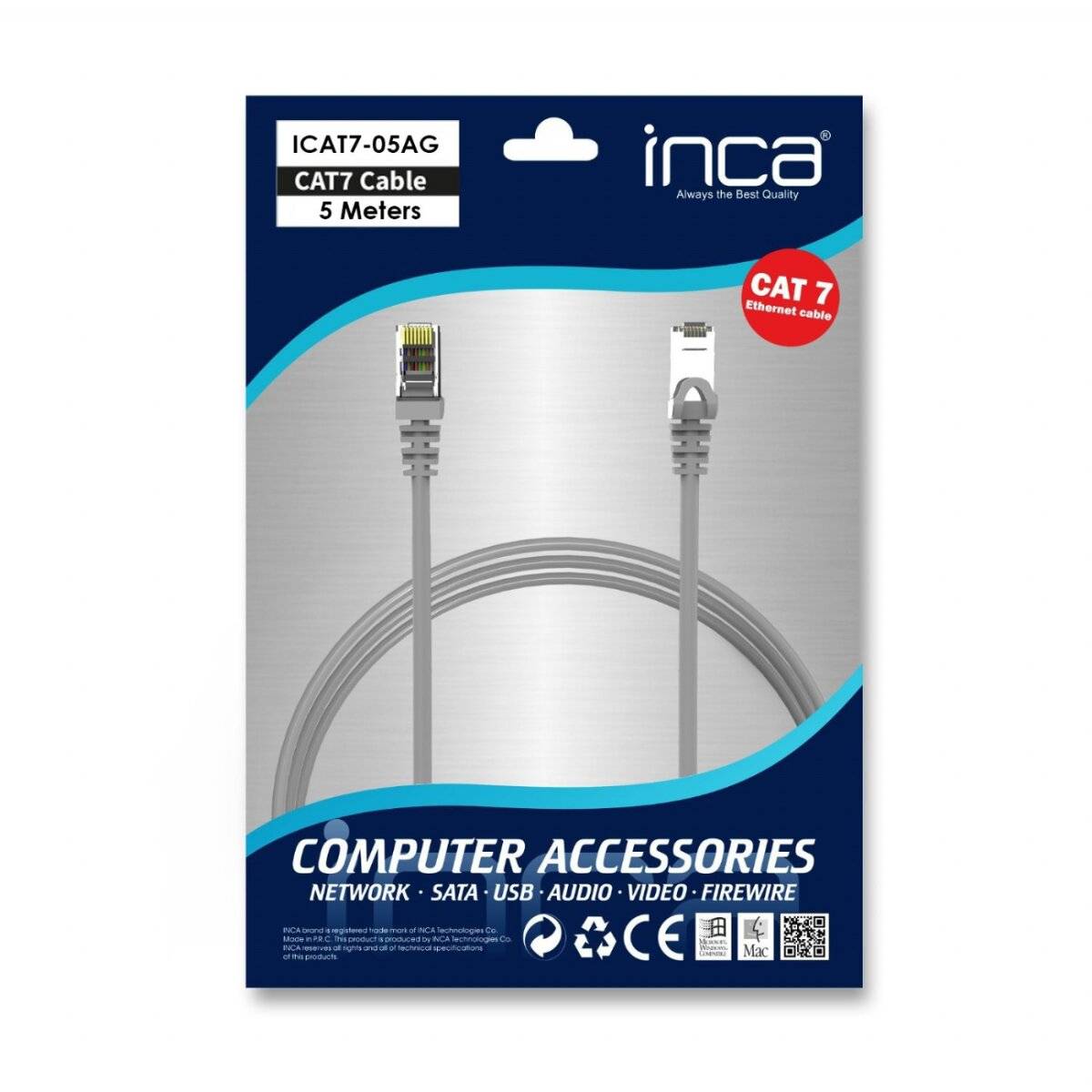 INCA CAT7 Kabel, 5 Meter, Computer Zubehör, Netzwerk/SATA/USB/Audio/Video/Firewire, Immer die beste Qualität.' Bild des Kabels mit Anschlüssen.