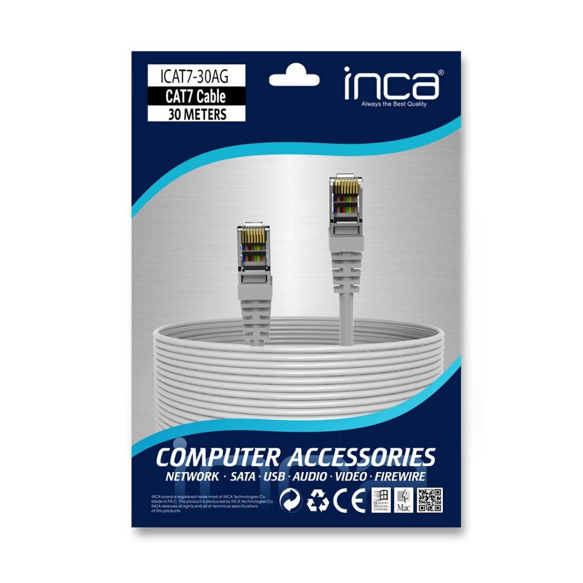Verpackung der Marke 'Inca' für ein 30-Meter-CAT7-Kabel; Bild zeigt zwei Ethernet-Stecker, die aus einem aufgewickelten Kabel herausragen.