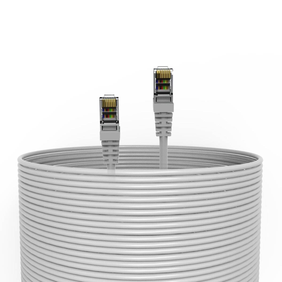 Aufgewickeltes Ethernet-Kabel mit zwei RJ-45-Steckern, aufrecht positioniert, das die Netzwerkverbindung und das Datentransferpotenzial repräsentiert.