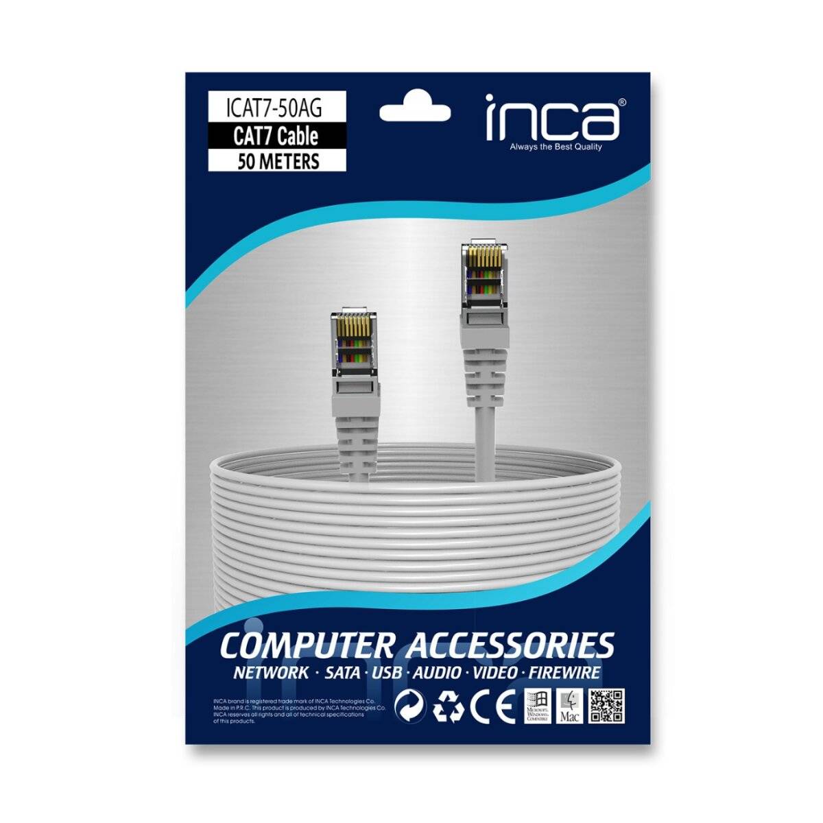 Inca ICAT7-50AG, 50 m, Cat7, S/FTP (S-STP), RJ-45, RJ-45, Grau