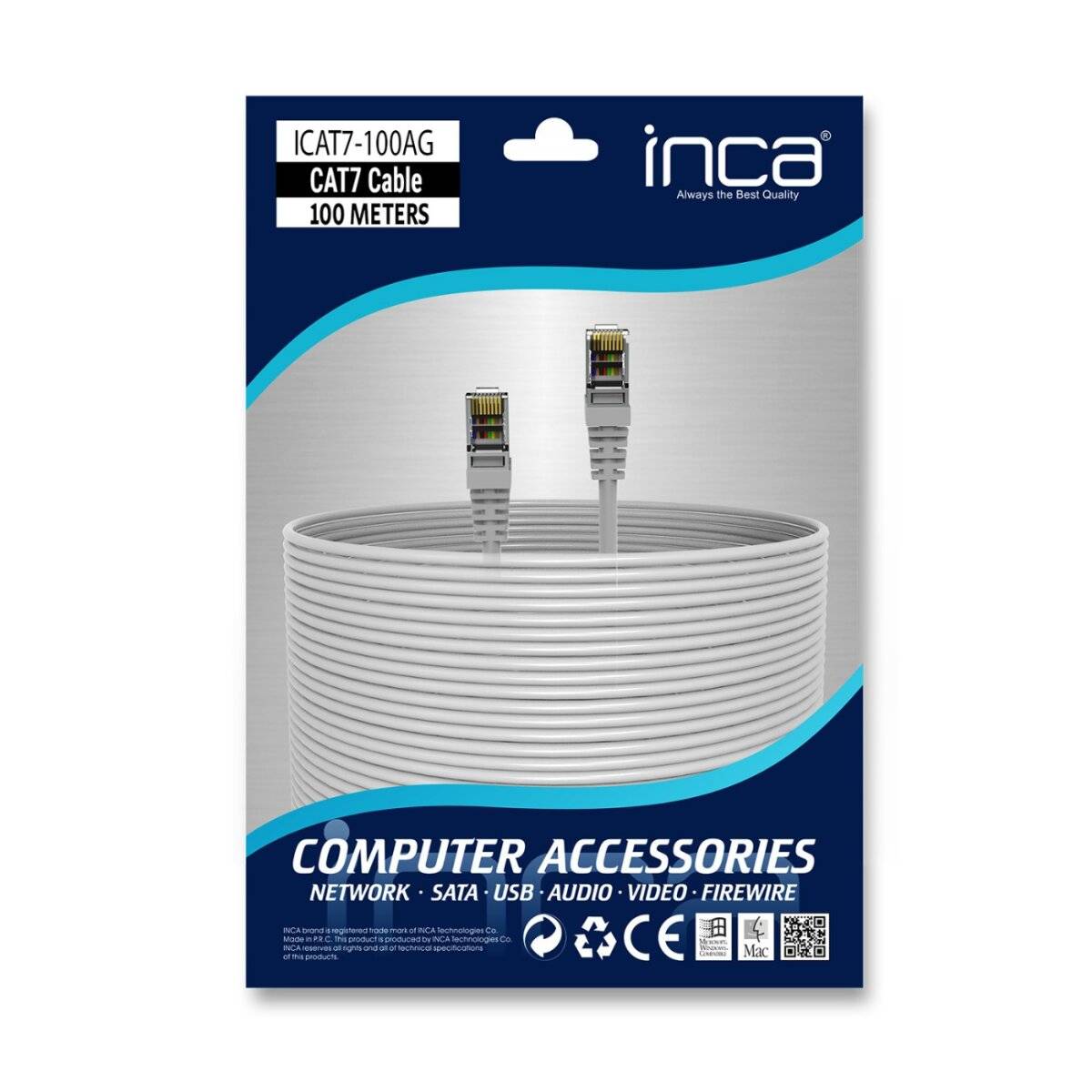 Inca CAT7 Kabel, 100 Meter, für Computeraccessoires: Netzwerk, SATA, USB, Audio, Video, Firewire.
