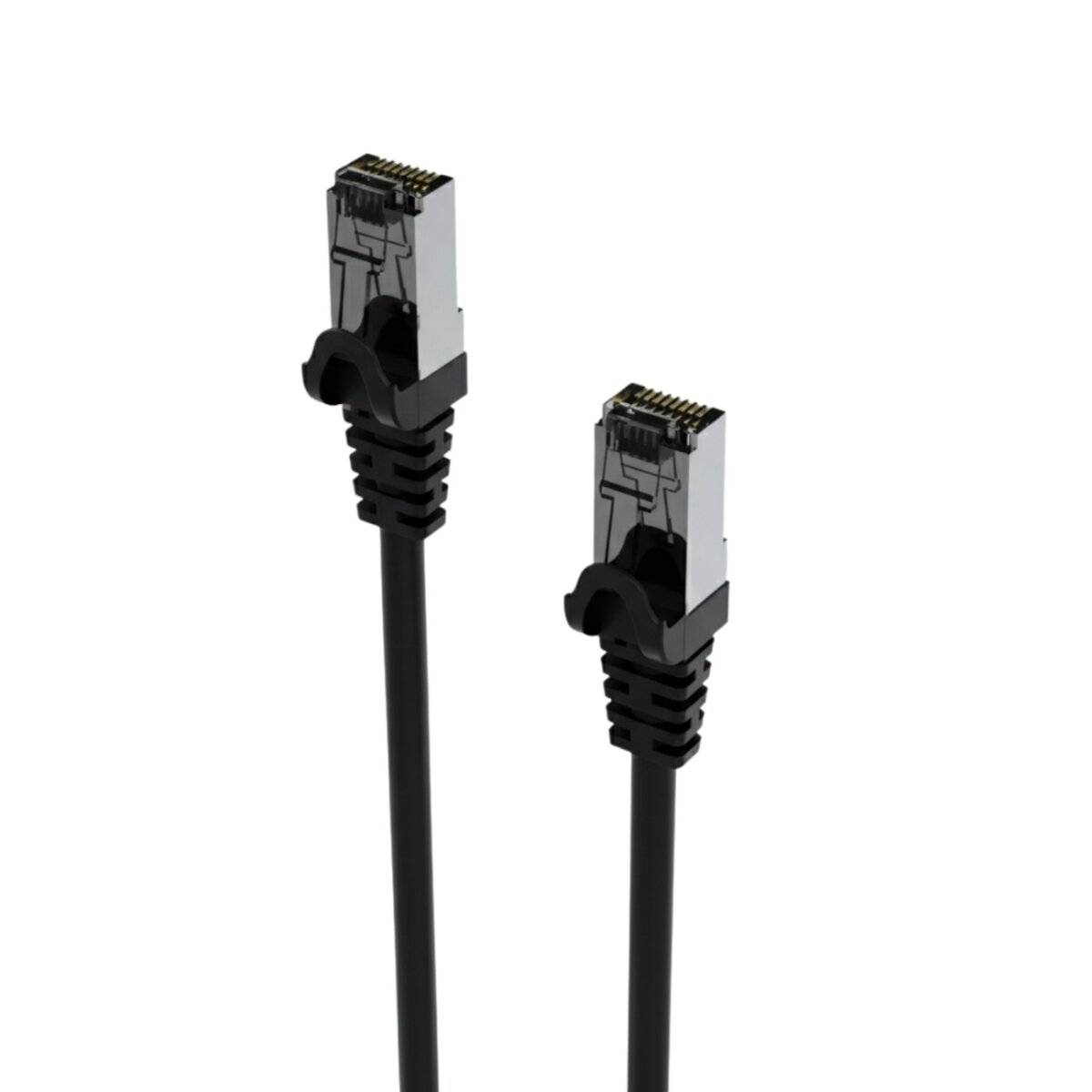 Zwei schwarze Ethernet-Kabel mit transparenten Steckern, aufrecht und nebeneinander dargestellt.