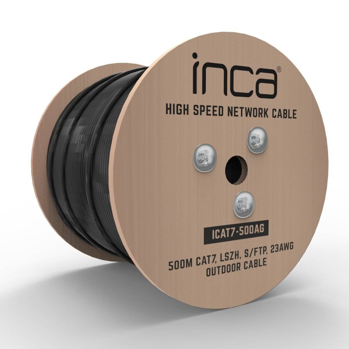 Glasfaser-Netzwerkkabel-Spule der Inca-Marke mit Beschriftung '500m CAT7, LSZH, S/FTP, 23AWG, Außenkabel'. Kreisförmige Spule mit schwarzem Kabel.
