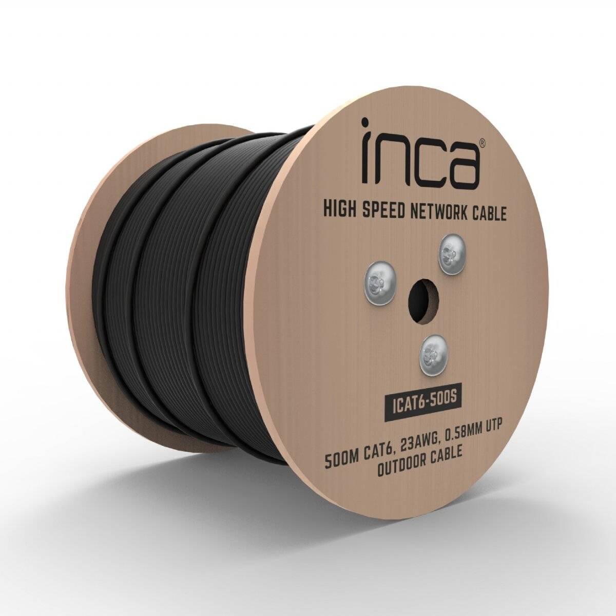 Eine Spule von Inca High-Speed-Netzwerkkabel, gekennzeichnet als 'ICAT6-500S', 500m CAT6, 23AWG, 0,58mm UTP, geeignet für den Außeneinsatz.