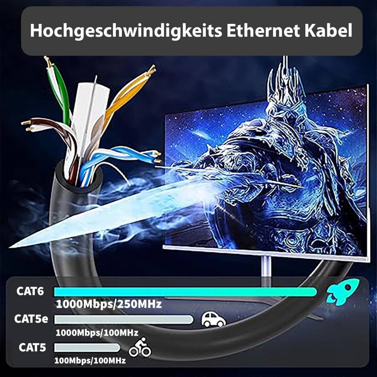 Eine Illustration eines Hochgeschwindigkeits-Ethernet-Kabels mit verschiedenen Spezifikationen für CAT6 und CAT5, neben einem Fantasy-Themen-Computermonitor.
