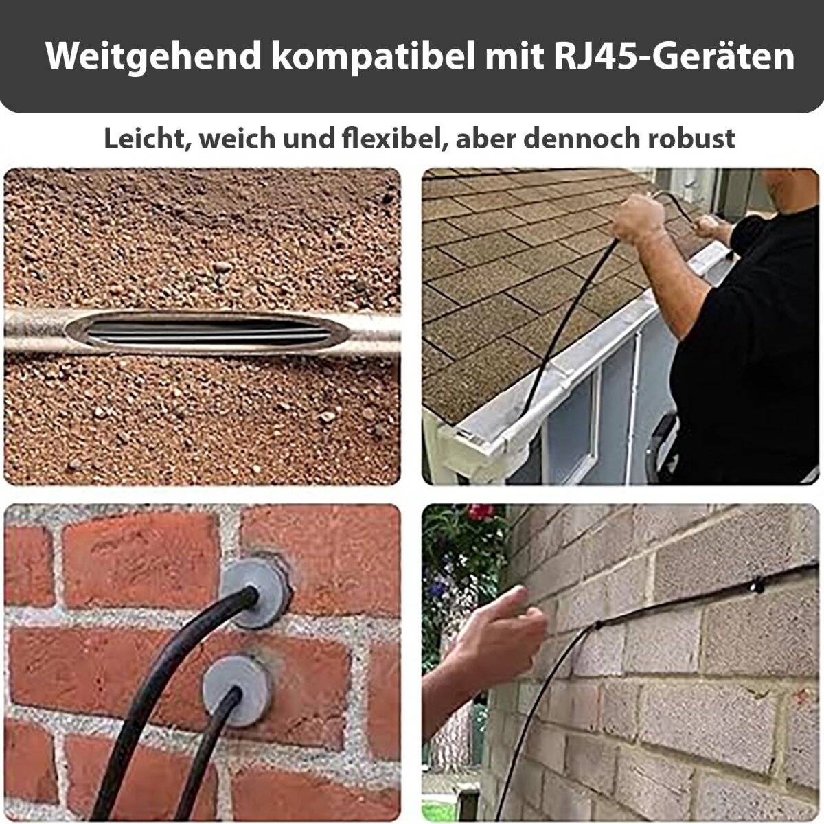 Das Bild zeigt flexible Kabel, die durch Wände und Dächer geführt werden und dabei ihre Robustheit und Kompatibilität mit RJ45-Geräten demonstrieren.
