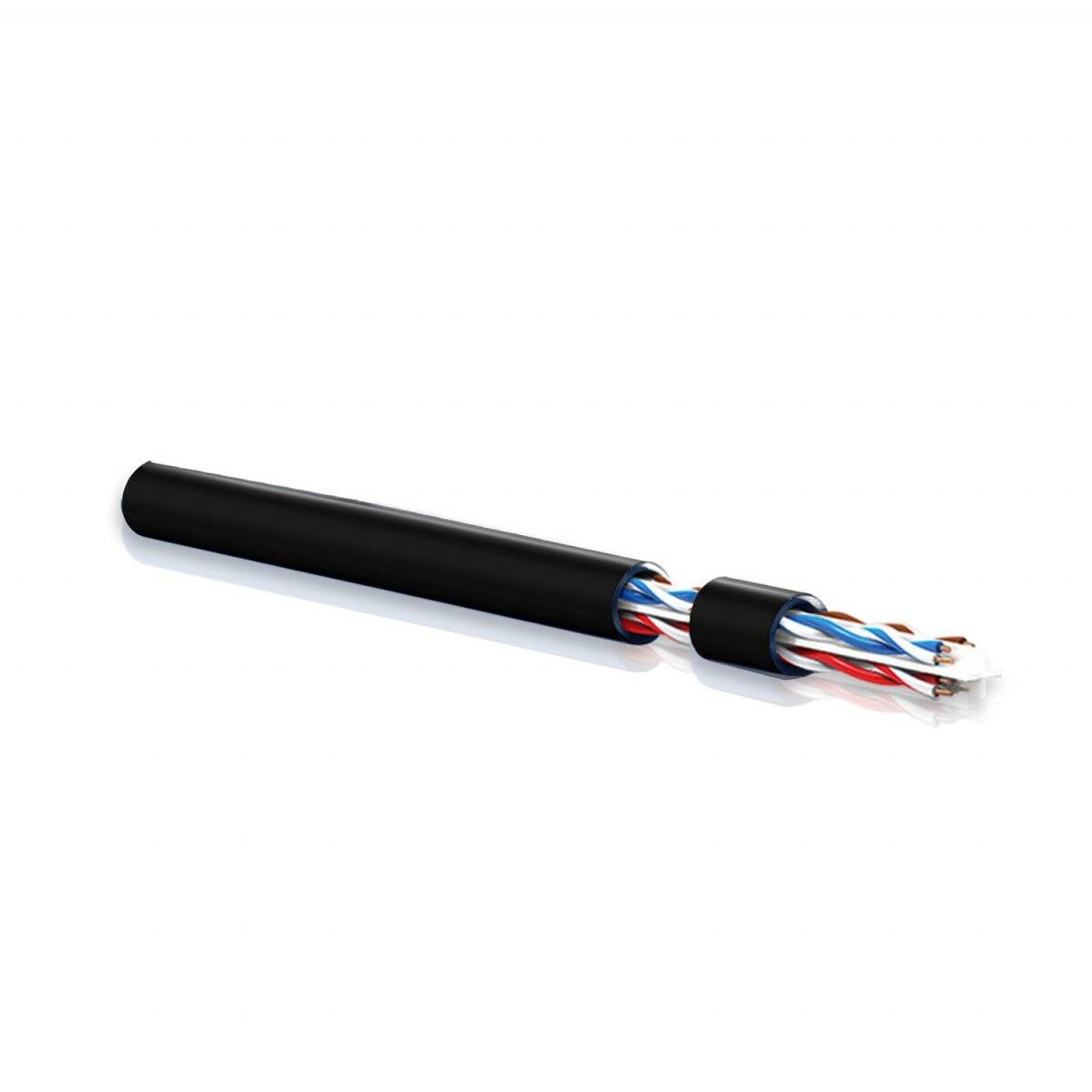Fünffarbiges Kabel mit Leitfähigkeit, das eine schwarze Schutzummantelung besitzt, teilweise abgeschält, um die darunter liegenden gedrehten Kupferdrahtbündel sichtbar zu machen.