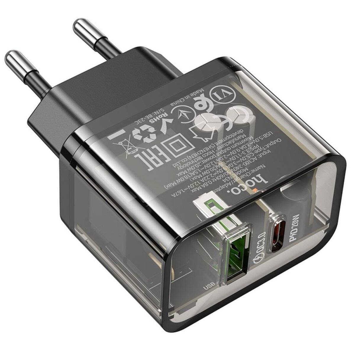 Hoco N34 Transparent USB Ladegerät 20W mit USB-A/USB-C