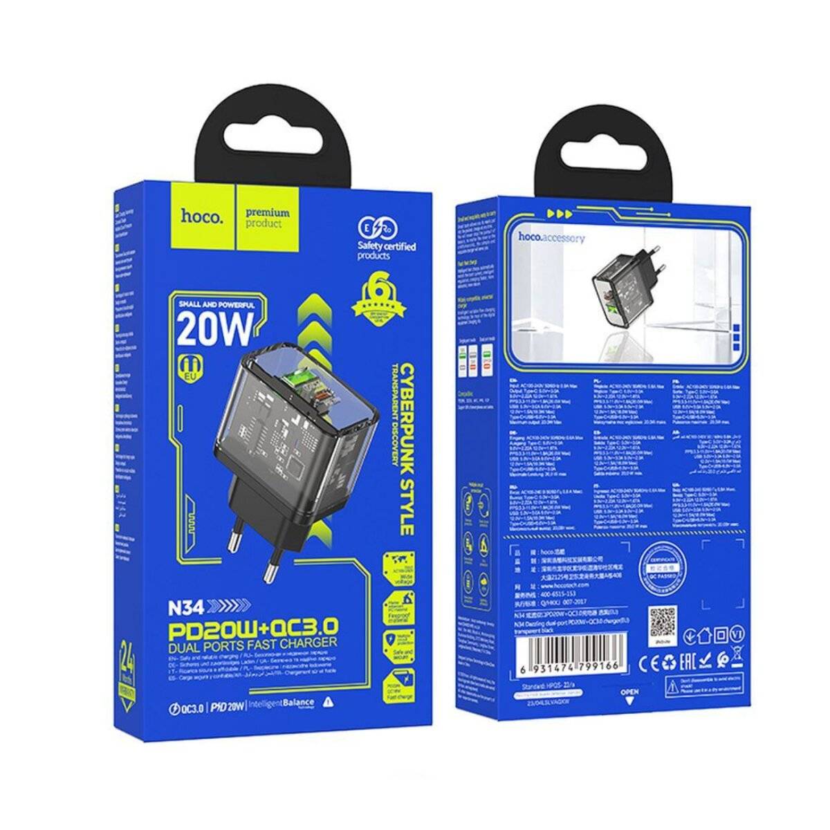 Hoco N34 Transparent USB Ladegerät 20W mit USB-A/USB-C