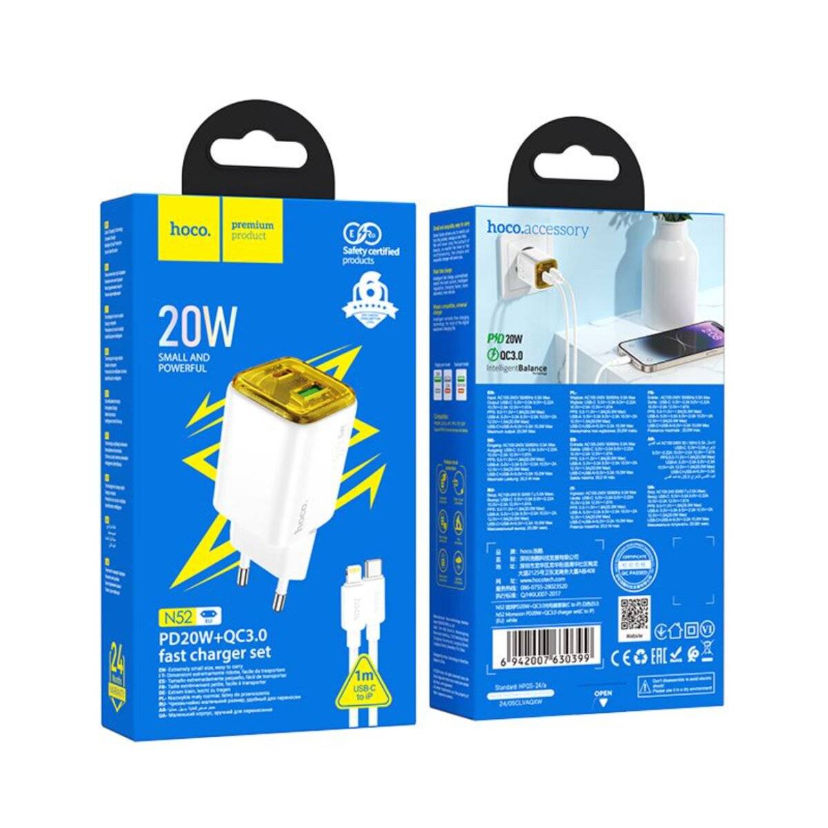 Hoco N52 Weiß USB Ladegerät 20W mit USB-A/USB-C und Kabel