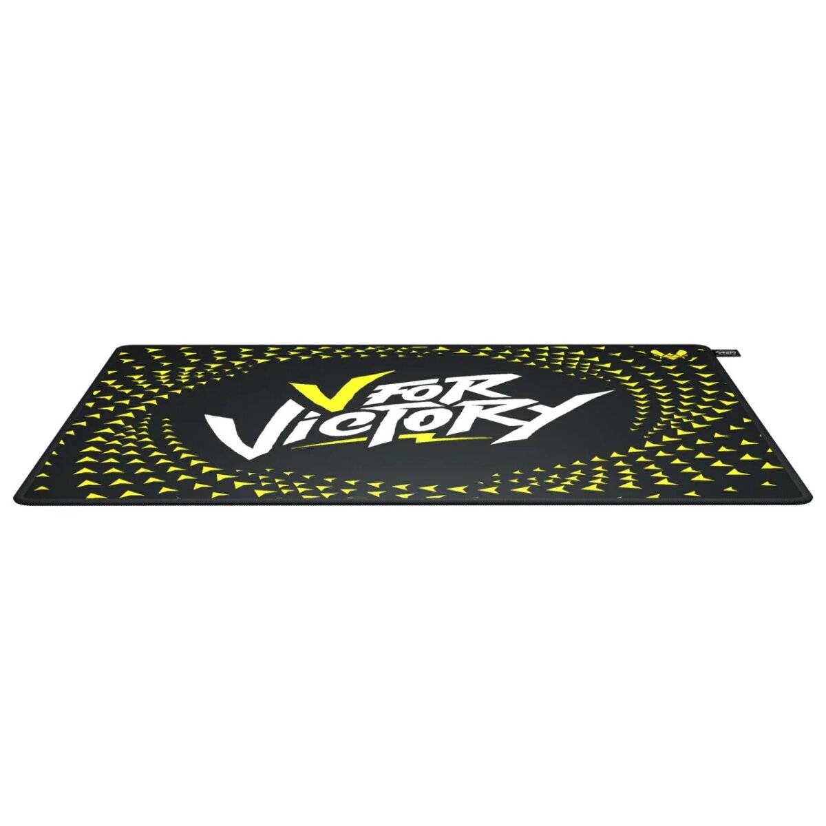 Mousepad mit 'V for Victory'-Text in fetter, weißer Schrift, umgeben von einem Wirbel aus gelben Pfeilen auf schwarzem Hintergrund.