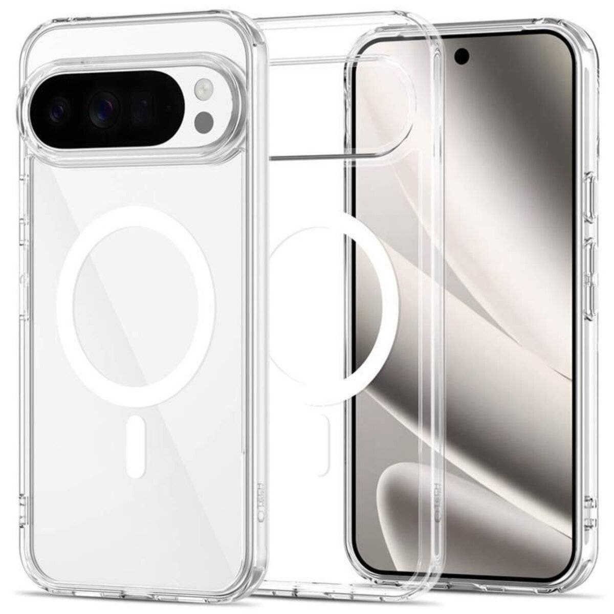 Transparente Handyhülle für ein Smartphone mit drei Kameraobjektiven, die ein schützendes Design und MagSafe-Kompatibilität demonstriert.