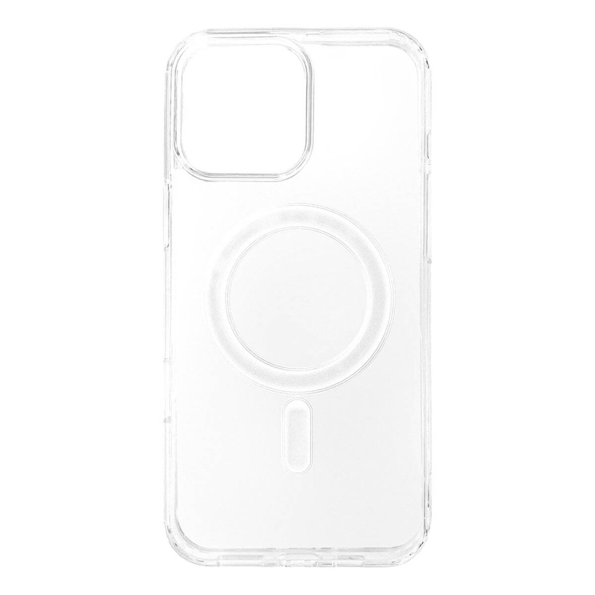 Transparente Handyhülle mit großer kreisförmiger Aussparung für die Kamera und MagSafe-Funktion auf weißem Hintergrund.