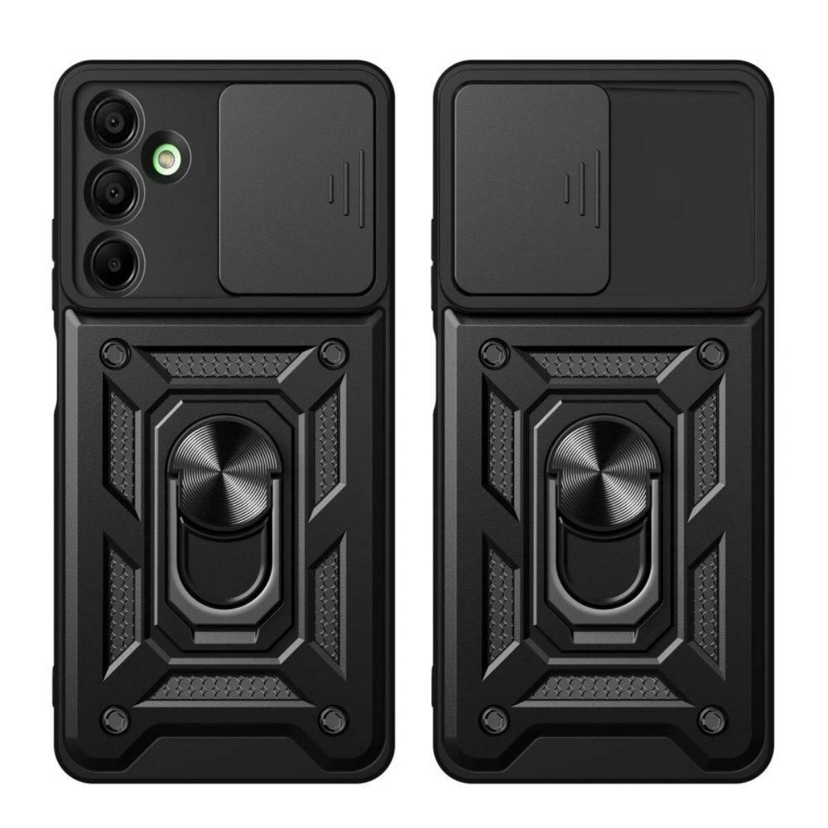 Zwei schwarze Smartphone-Hüllen mit strukturiertem Design, verschiebbarer Kameraabdeckung und integriertem Metallring für Halt oder Standfunktion.