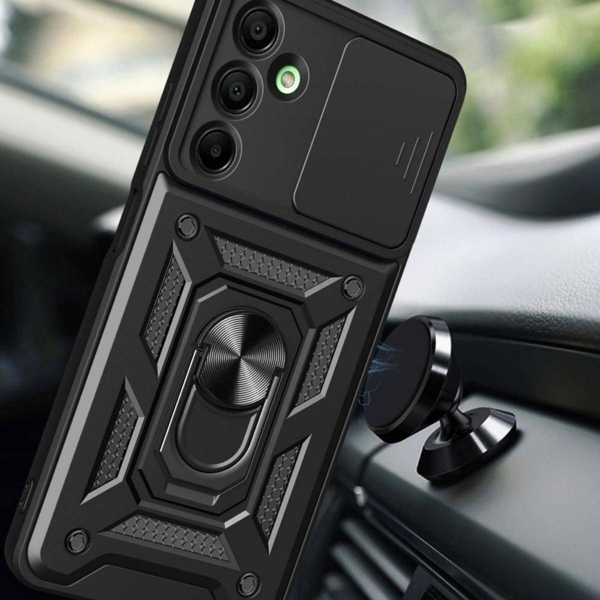 Ein Smartphone in einem robusten, schwarzen Gehäuse ist an einem Autoarmaturenbrett-Halter im Inneren eines Fahrzeugs befestigt.
