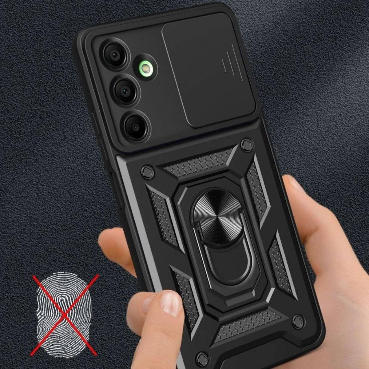 Eine Hand hält ein Schutzetui für ein Smartphone mit einem Ringhalter. Ein rotes durchgestrichenes Fingerabdrucksymbol deutet auf Inkompatibilität mit einem Feature hin.