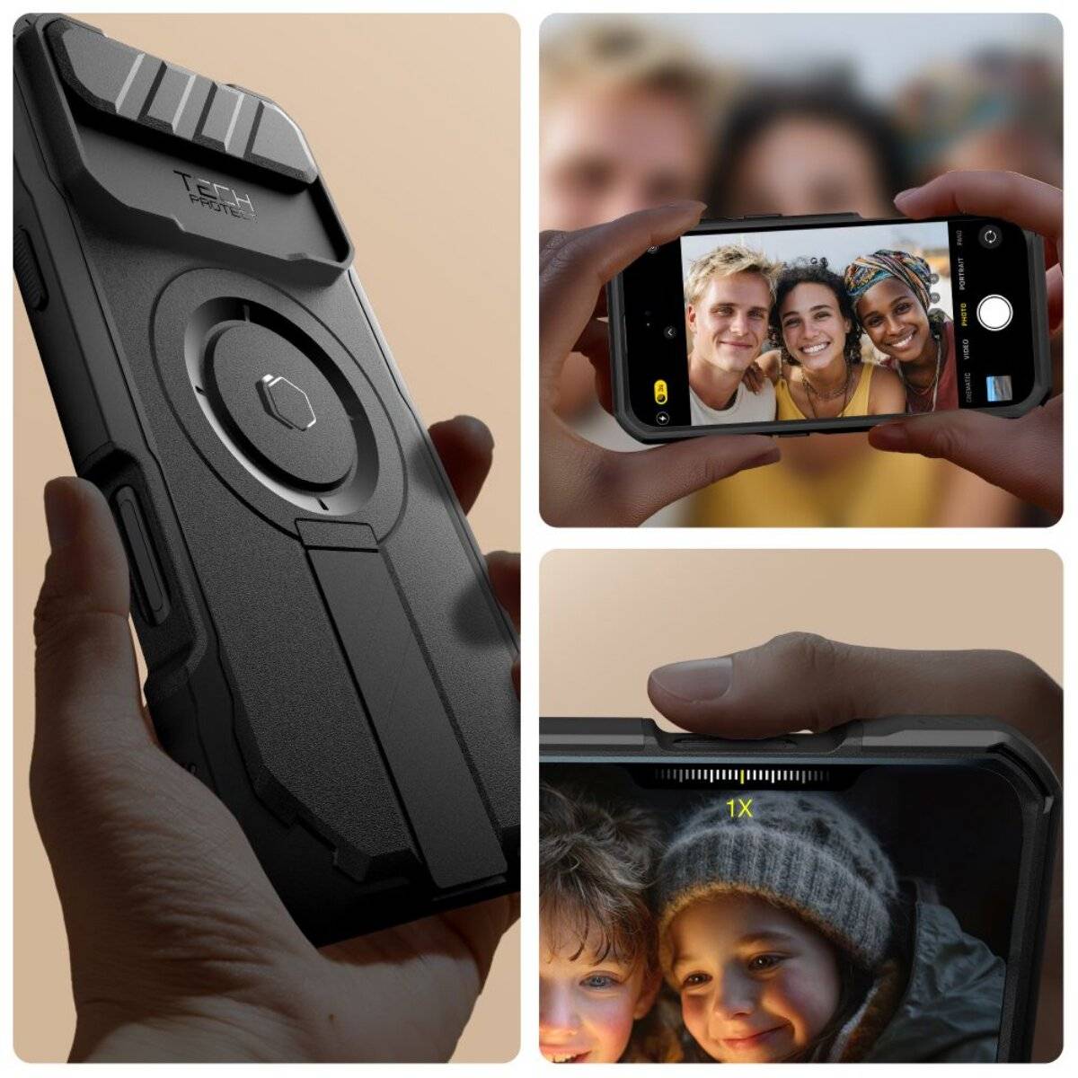 Eine Collage aus drei Bildern, die eine Smartphone-Hülle, ein Gruppenselfie auf einem Telefon und eine Nahaufnahme eines Smartphone-Bildschirms mit geöffneter Kamera-App zeigt.