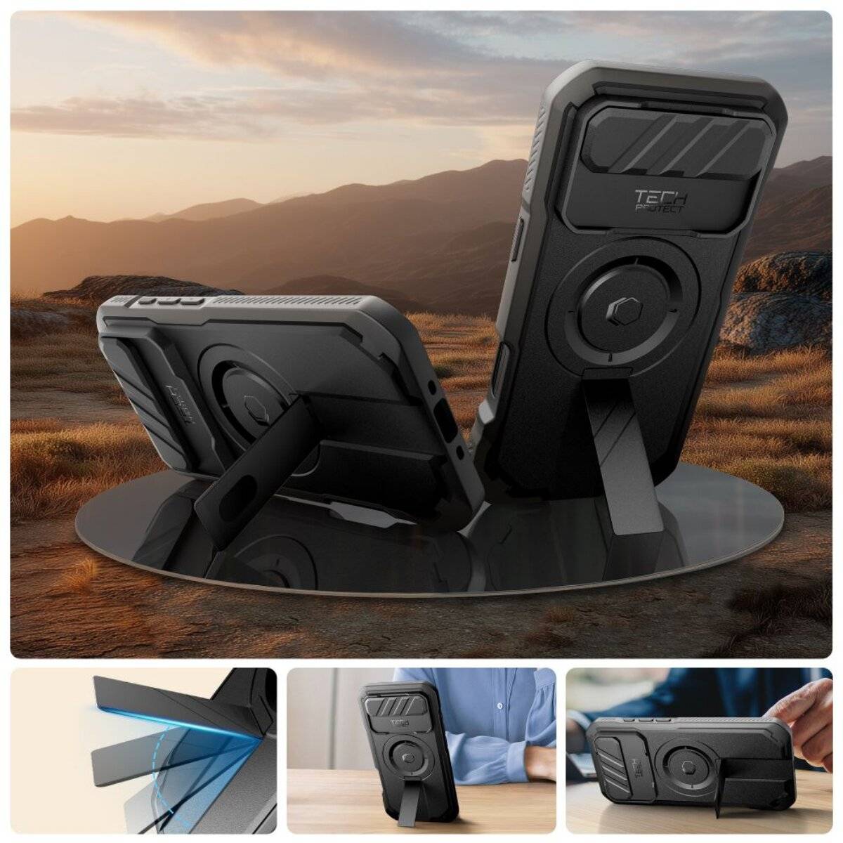 Zwei robuste Smartphone-Hüllen auf einem Ständer, vor einer bergigen Landschaft platziert, die Widerstandsfähigkeit und Design für den Einsatz im Freien hervorheben.