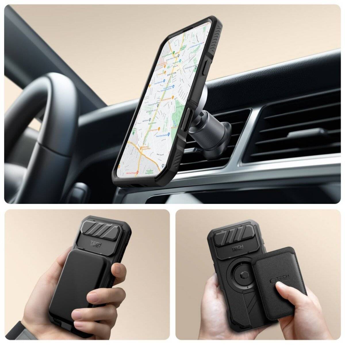 Ein Mobiltelefon, das auf einer Lüftungsöffnung eines Fahrzeugs befestigt ist und eine Karte anzeigt, mit zwei zusätzlichen Bildern, die die Hände einer Person zeigen, die die Halterungsteile einstellt oder hält.