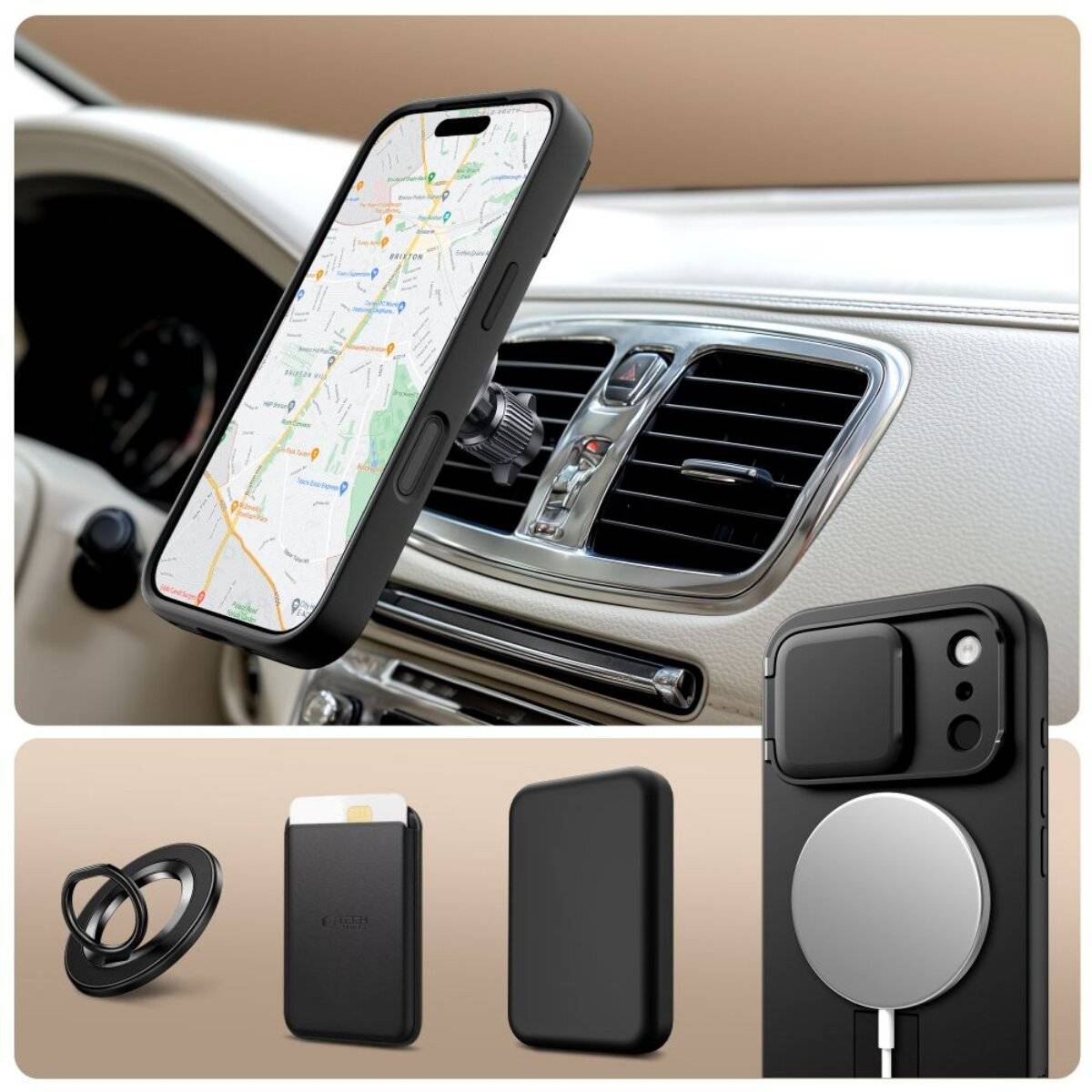 Ein Smartphone mit einer Kartenapp auf dem Bildschirm ist an einer Lüftungsöffnung des Autos mit einem magnetischen Halter befestigt. Darunter befinden sich Zubehör: ein Autohalter, ein Portemonnaie und ein MagSafe-Ladegerät.