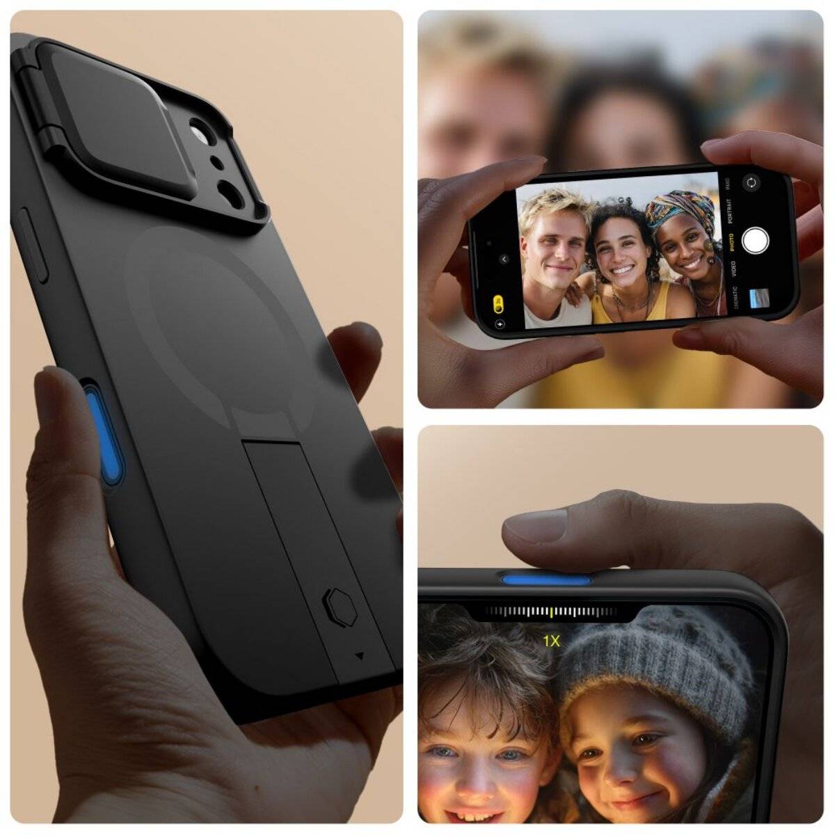 Collage von Smartphone-Funktionen: Nahaufnahme eines robusten schwarzen Handygehäuses, Gruppenselfie mit Freunden von vorne und klare Kamera-Zoomansicht auf zwei Kinder.