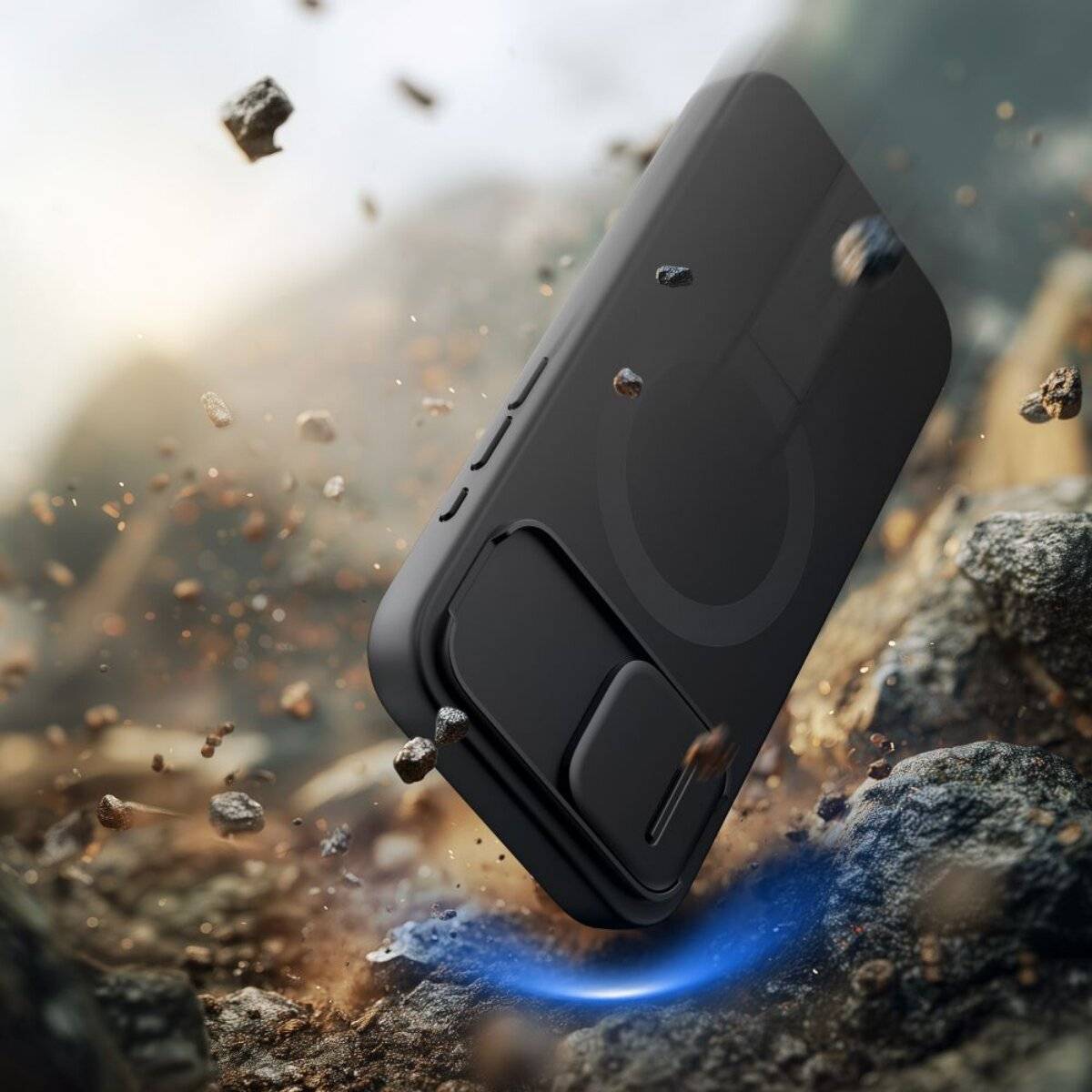 Ein robustes Smartphone ist inmitten fliegender Trümmer zu sehen, was seine Robustheit und Widerstandsfähigkeit gegen raue Umgebungen betont.