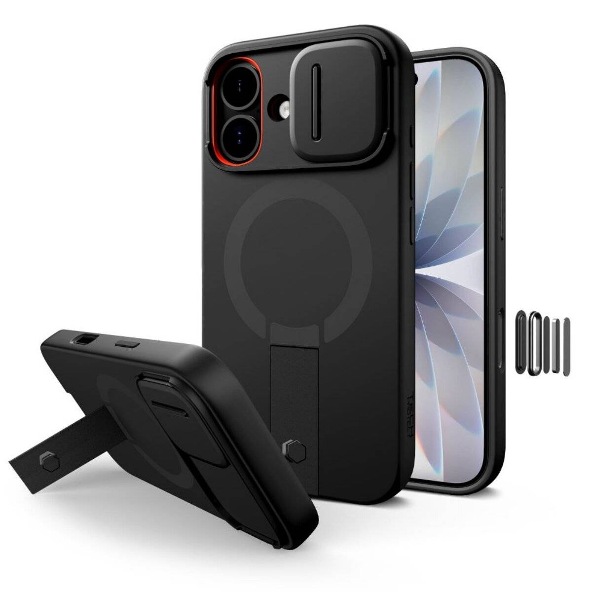 Eine schwarze Handyhülle mit integriertem ausklappbaren Ständer und Kameraabdeckung, die auf einem Smartphone mit einem geometrischen, helltonigen Hintergrunddesign zu sehen ist.