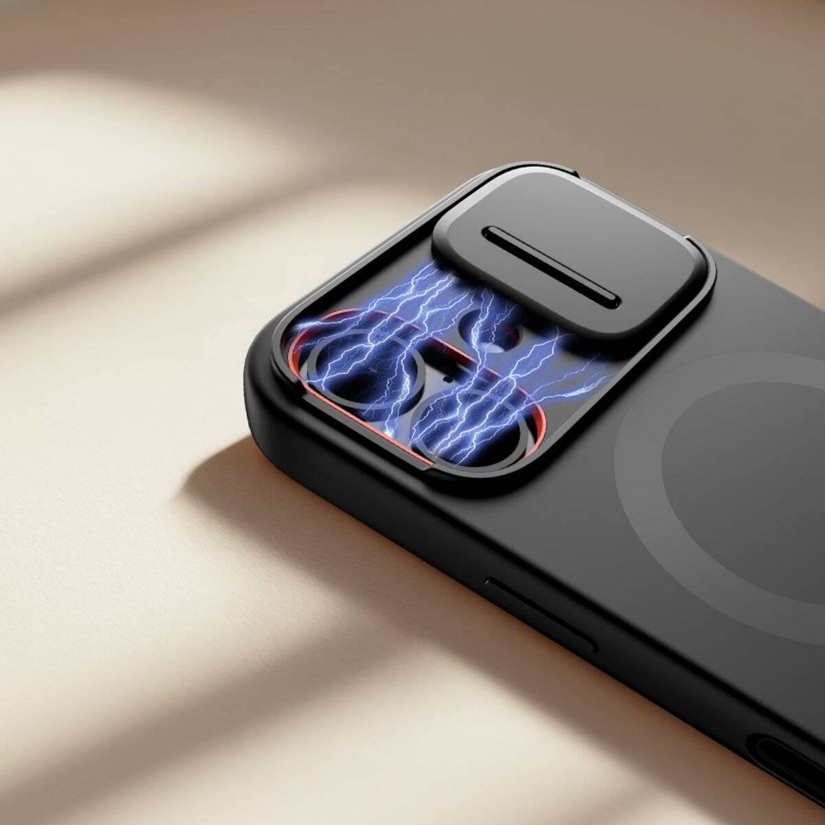 Eine Smartphone-Hülle mit einem Blitzentwurf im Kamerabereich, die Schutz und Energie symbolisiert.