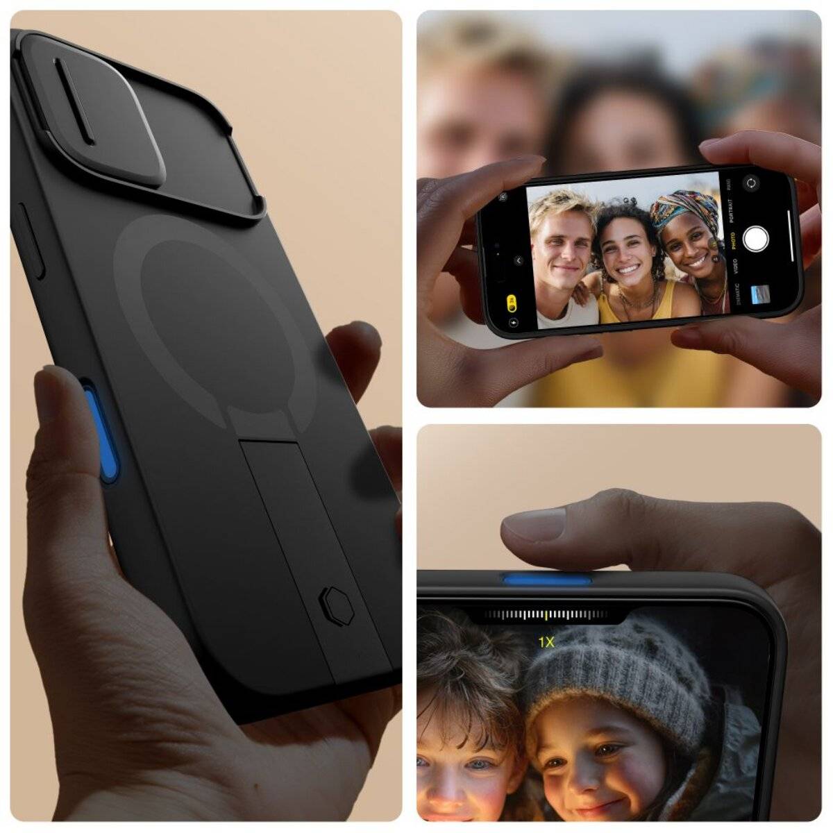 Die Bildcollage zeigt Menschen, die Selfies machen und Smartphone-Kamerafunktionen nutzen, wobei der Nachtmodus und Porträtaufnahmen hervorgehoben werden.