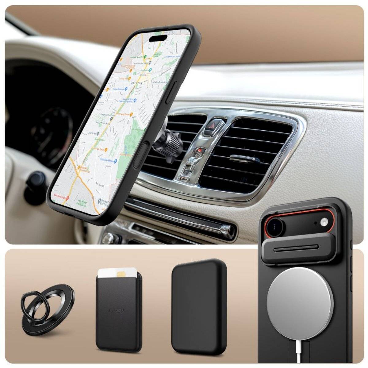 Ein Smartphone, das auf einem Armaturenbrett befestigt ist, zeigt eine Karte an. Darunter befinden sich Zubehörteile wie ein magnetisches Ladegerät, eine Halterung fürs Auto, eine Schutzhülle und einen Handyhalter.