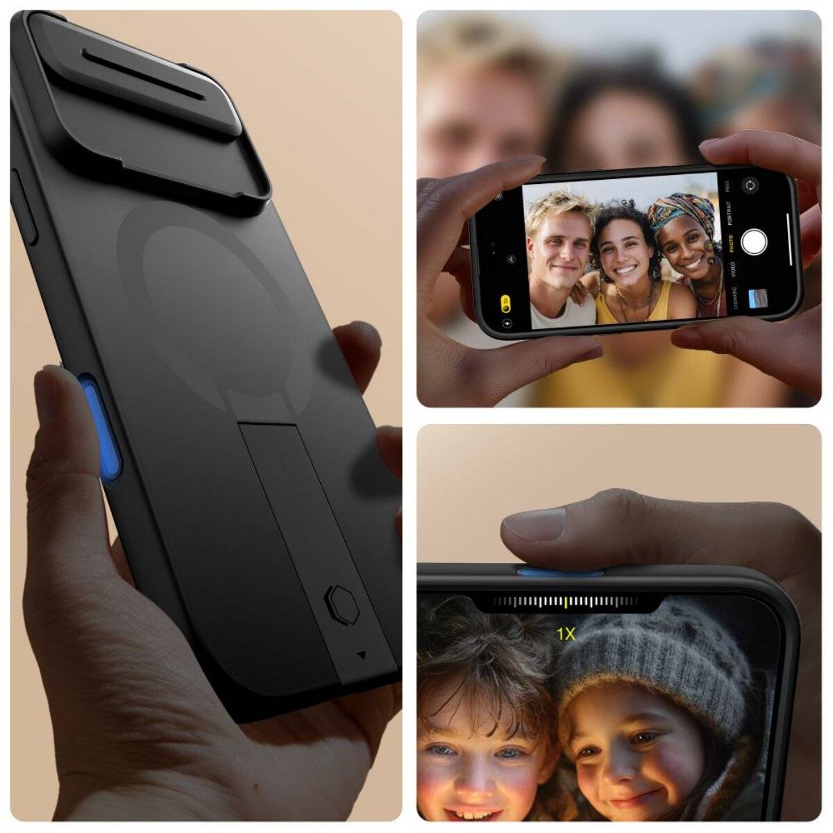 Collage: links - eine Person hält ein Smartphone mit einer schlanken schwarzen Hülle; oben rechts - ein Smartphone, das ein Gruppenselfie aufnimmt; unten rechts - Nahaufnahme von zwei lächelnden Kindern auf dem Bildschirm eines Smartphones.