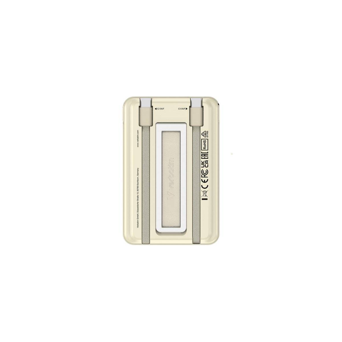 Ein beige-grauer elektronischer Gerätetyp, möglicherweise ein Akku-Pack oder Netzteil, mit Beschriftungen und einem sichtbaren Schalter an der Seite.