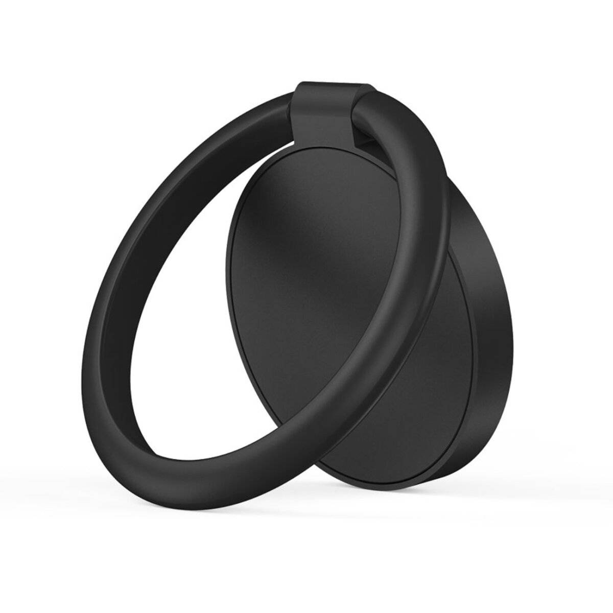 Ein schwarzer ausziehbarer Ringhalter, oval geformt und leicht geneigt, entwickelt zum Anbringen an der Rückseite eines Smartphones für besseren Halt.