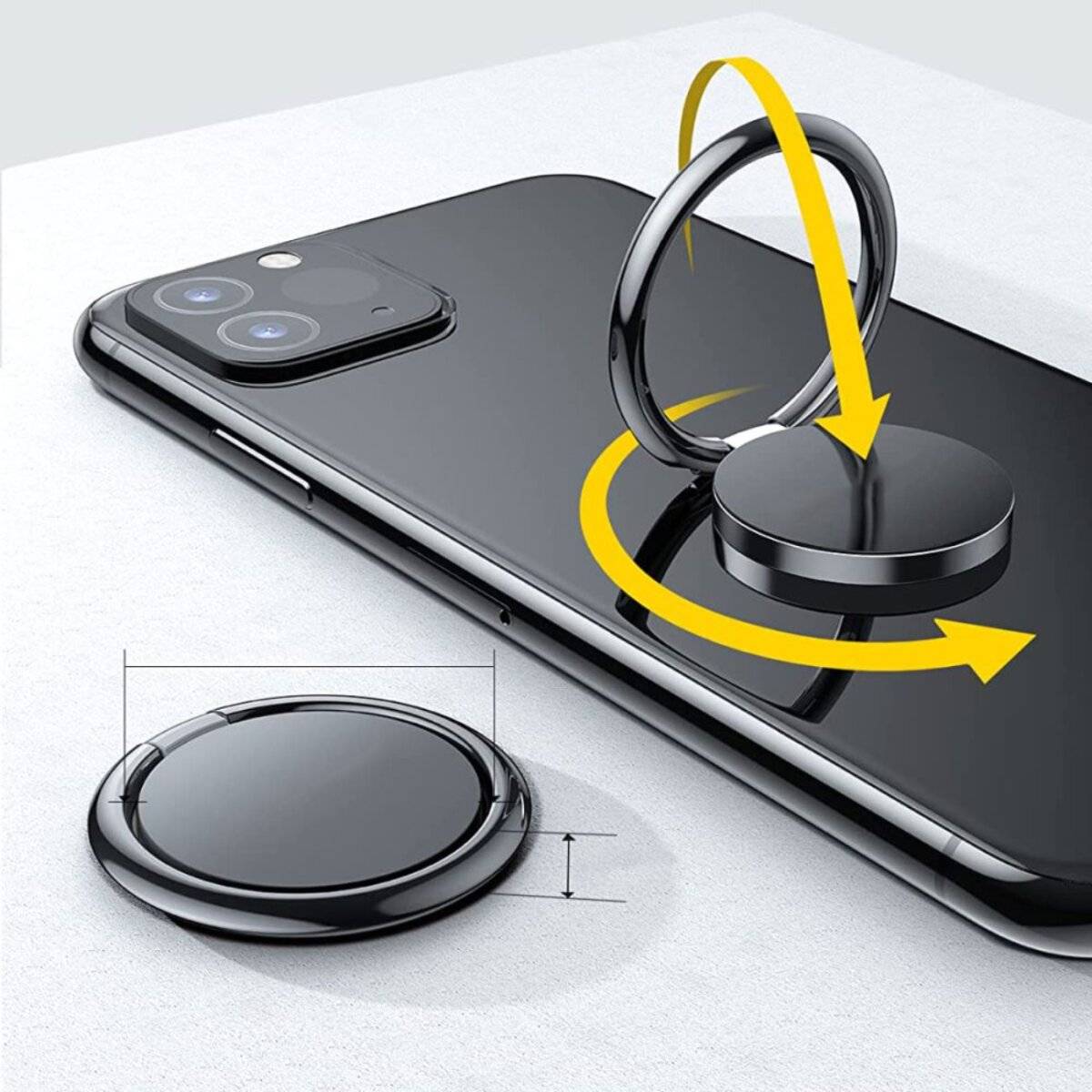 Ein Smartphone mit einem Metallring-Halter, der an der Rückseite befestigt ist. Der Ring ist in einer angehobenen Position zu sehen, was seine Drehfähigkeit andeutet.
