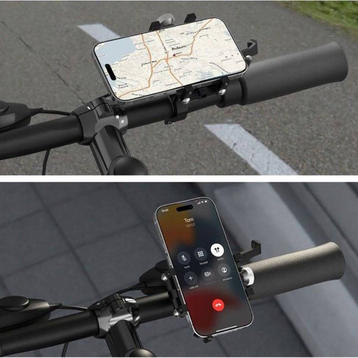 Smartphone auf einem Fahrradlenker in zwei Bildern: Oben zeigt eine Karten-App eine Route, unten ist ein Anrufbildschirm mit 'Tom' in der Leitung.