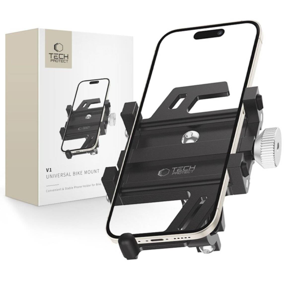 Universal Fahrrad-Handyhalterung, die einen Smartphone-Halter in realer und verpackter Form zeigt.
