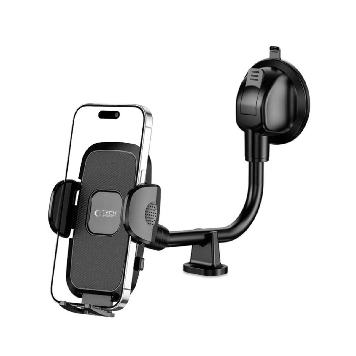 Ein schwarzer Telefon-Halter für die Windschutzscheibe mit Saugnapfbasis und verstellbarem Halterungsmechanismus, der entwickelt wurde, um ein Smartphone während der Fahrt sicher zu befestigen.