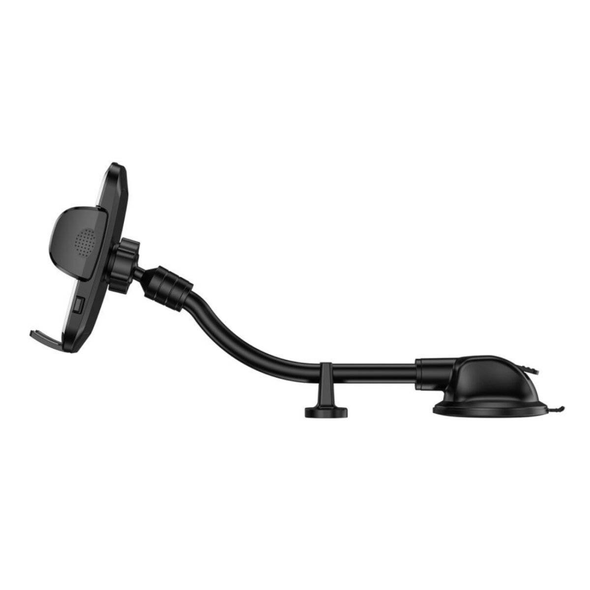 Ein schwarzer Handyhalter fürs Auto mit flexiblem Arm und Saugnapfbasis, entwickelt zum Befestigen auf dem Armaturenbrett oder der Windschutzscheibe.