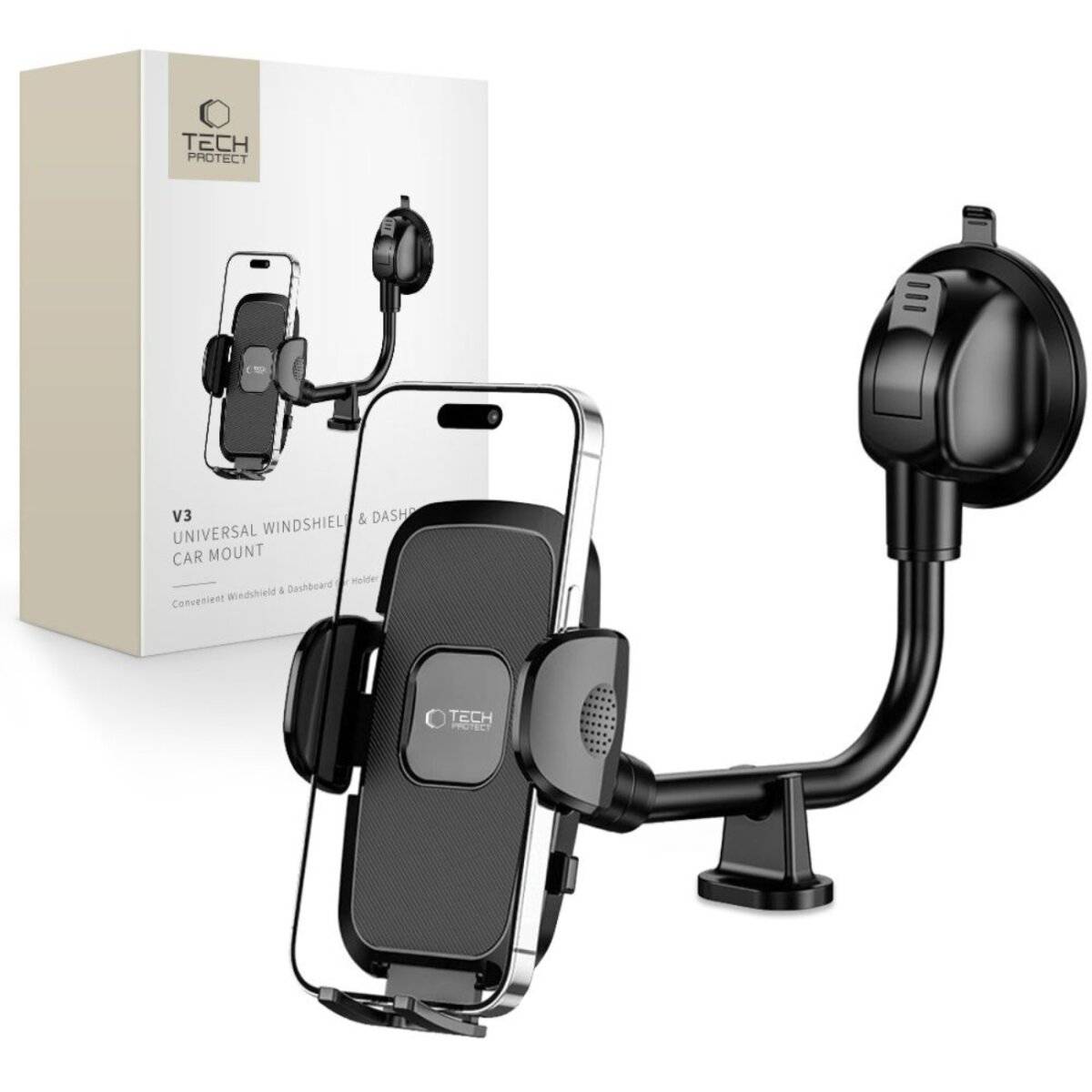 Ein universeller Smartphone-Halterung für Autos mit flexiblem Arm und Saugnapf, präsentiert mit seiner Verpackung. Geeignet für Windschutzscheiben und Armaturenbrett.