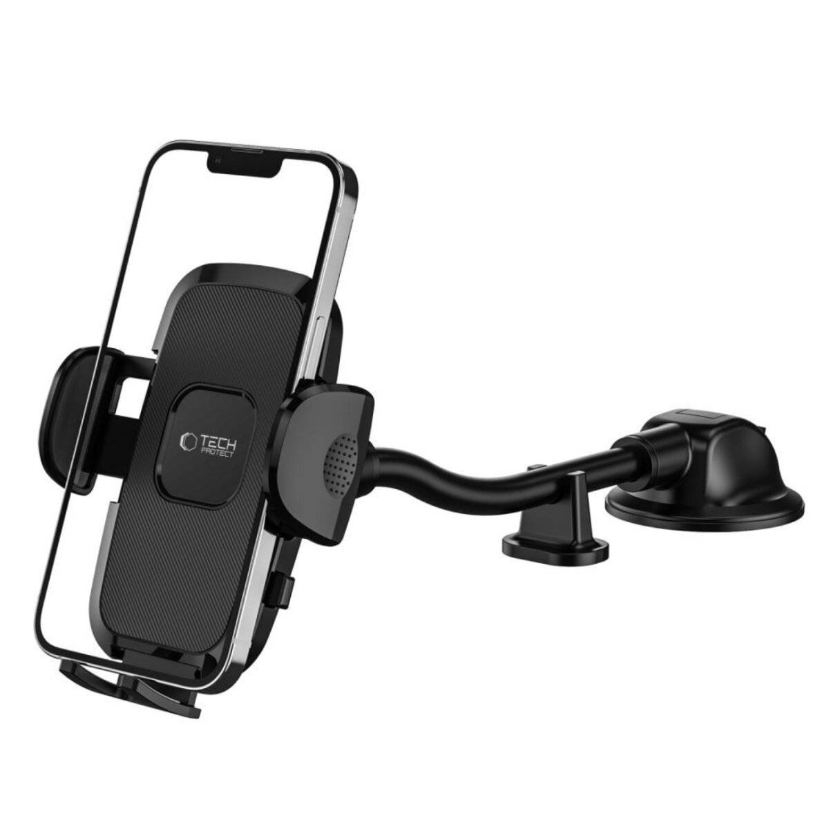 Ein schwarzer Autohalter für Mobiltelefone mit verstellbarem Arm und Saugnapf zur Befestigung am Armaturenbrett.