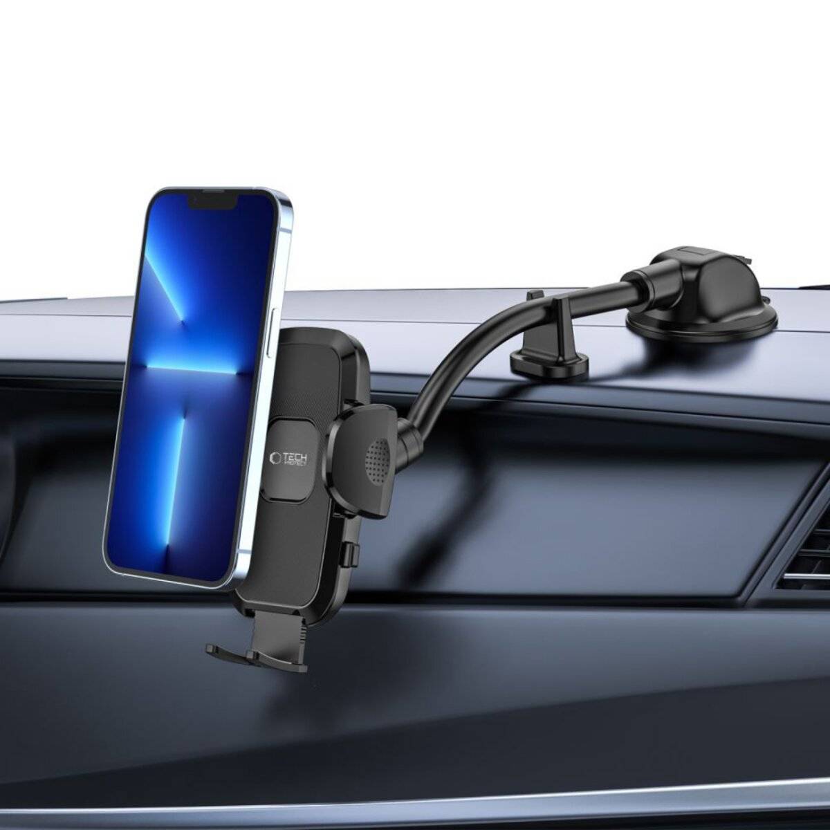 Ein Smartphone ist an einem Armaturenbretthalter mit verstellbarem Arm befestigt. Der Telefonbildschirm ist eingeschaltet und zeigt einen blauen Hintergrund.