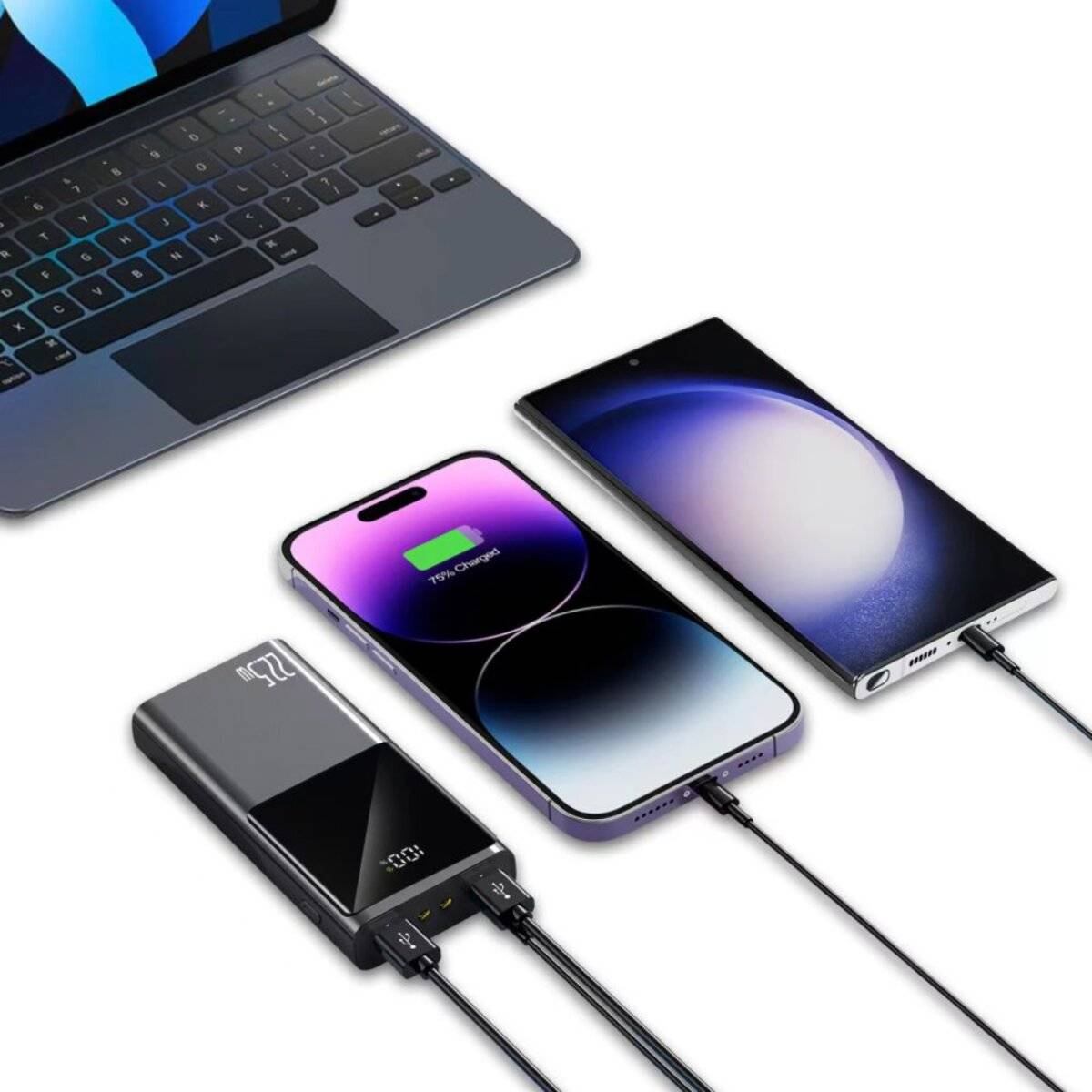 Tech-Protect PB13 Powerbank 20000 mAh 22,5 W 2x USB-A / USB-C / Kompatibel mit iPhone (Kabel) – Grau